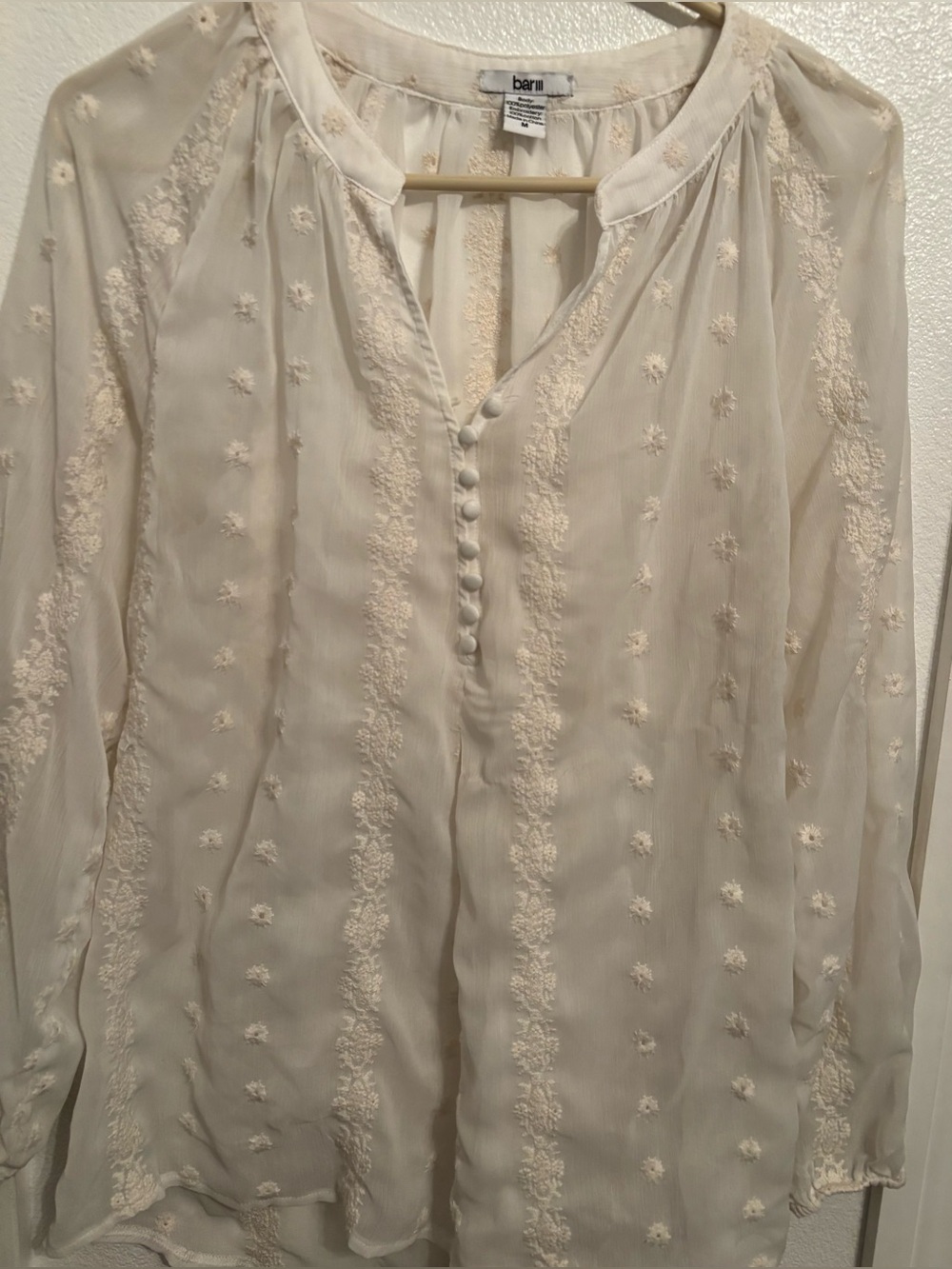 Bar III Cream Embroidered Button-Front sheer embroidered blouse M
